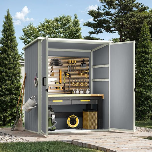 5x3FT Storage Shed Plastic Outdoor Storage Shed Waterproof Container House with Floor and Lockable Door for Garden, Lawn, Backyard