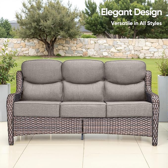 Luxury Patio Sofa 3-Seat Wicker Couch with 6" Thick Cushion - Outdoor Furniture Rattan Sofa with Deep Seating High Back Outdoor Sofa for Patio Garden Balcony Sunroom Backyard, Brown Grey