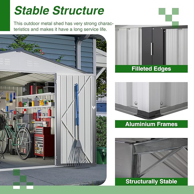 8x10 FT Outdoor Storage Shed, Metal Garden Shed with Lockable Hinged Doors, Outside Tool Shed with Sloped Roof & 4 Air Vents, Waterproof Storage Building for Backyard, Patio, Lawn, White