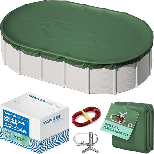 Yankee Emerald Series Pool Covers for Above Ground Pools | Oval 12x24 ft Swimming Pool Cover w/Steel-Core Cable, Winch for Winterization | 9 mil Medium-Thickness for Off-Season, On-Season Protection