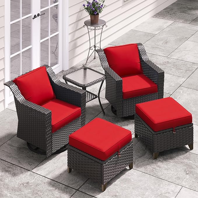 5 Pieces Patio Conversation Furniture Set - Swivel Chairs with Ottomans Set of 2, 1 Side Table, Outdoor Wicker Furniture Set with Washable Cushions for Porch, Balcony, Sunroom (Red)