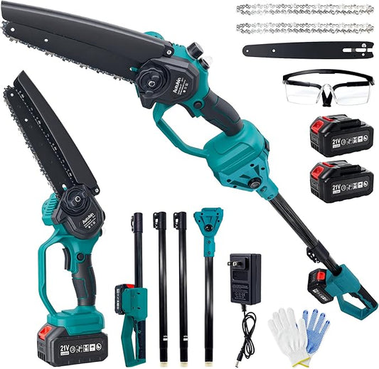 Autubin 2-in-1 Cordless Pole Saw & Mini Chainsaw, 8'' Electric Handheld Chain Saw with Extension Pole for Tree Trimming, with 2 * 4.0Ah Batteries, 550W Brushless Motor, Auto Oiling, 15FT Max Reach