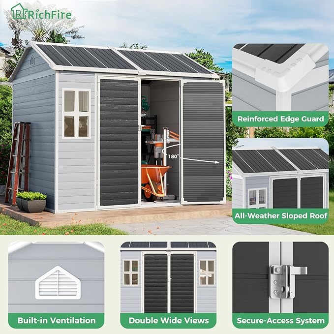 6x8 FT Plastic Storage Sheds Outdoor with Floor and Window, Utility All-Weather Resin Shed Easy to Install, Large Sheds & Outdoor Storage/Tool Shed for Backyard Patio Lawn, Gray