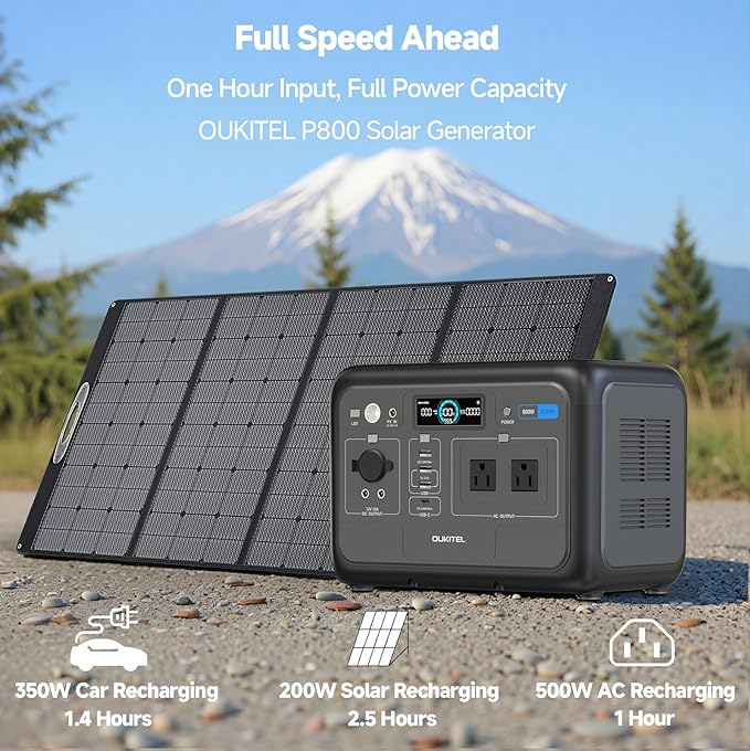 OUKITEL Solar Generator 512Wh, Portable Power Station +200W Solar Panel, LiFePO4 (1600W Peak), 500W Fast Charging,for Home Backup, Outdoor Camping, RV, Emergency