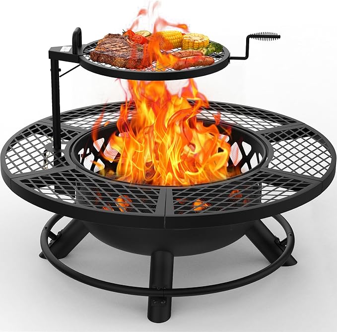 BALI OUTDOORS Fire Pit with Poker, 40 inch Outdoor Fire Pit Patio, Wood Burning Firepits for Outside with Grill