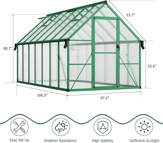 8x14 FT Outdoor Greenhouse, Polycarbonate Greenhouse with Roof Vent and Ground Nails, Aluminum Large Walk-in Green House w/Lockable Push Door for Outside Garden Backyard (Green, 8x14 FT)