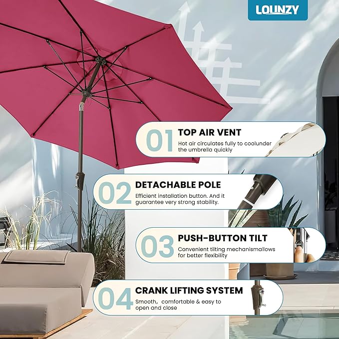 LOUNZY 9FT Large Outdoor Patio Umbrella Table Umbrella-UV Resistant,Easy Push Button Tilt and Crank,8 Sturdy Fiberglass Ribs Pool Umbrella for Patio,Backyard,Deck,Yard,Market