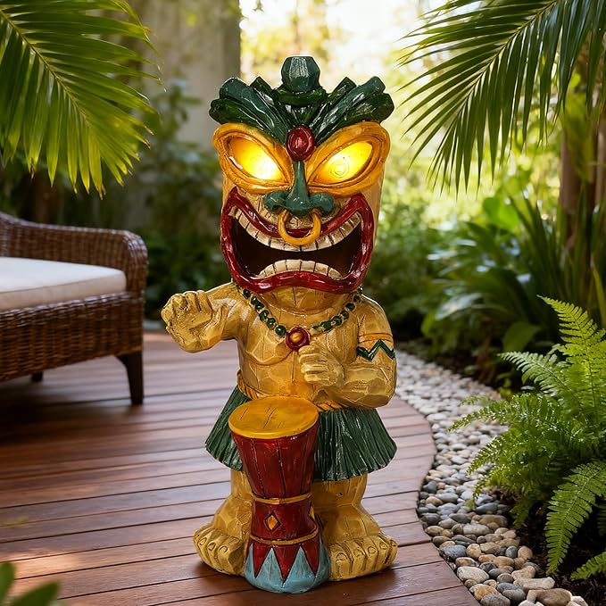 halp·ssfm Solar Tiki Garden Statue with LED Eyes Outdoor Polynesian Drummer Hawaiian Party Decor Solar Light Ornament for Patio Porch Lawn Tiki Bar or Tiki Lover Funny Stocking Stuffers Gifts