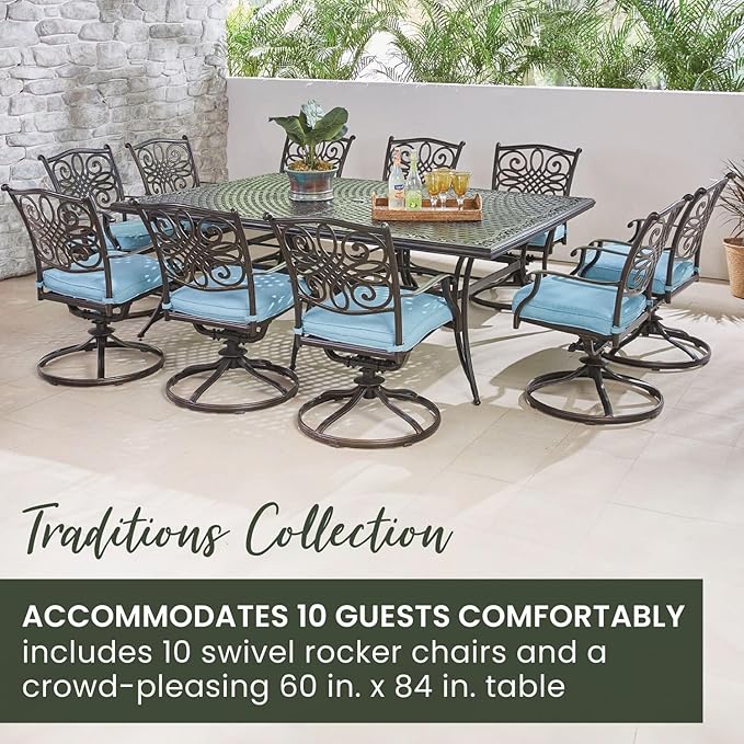Hanover Traditions 11-Piece Modern Outdoor Dining Set with Rust Resistant Cast Aluminum Rectangular Large Dining Table and 10 Swivel Rocker Chairs with Plush Weather Resistant Blue Cushions