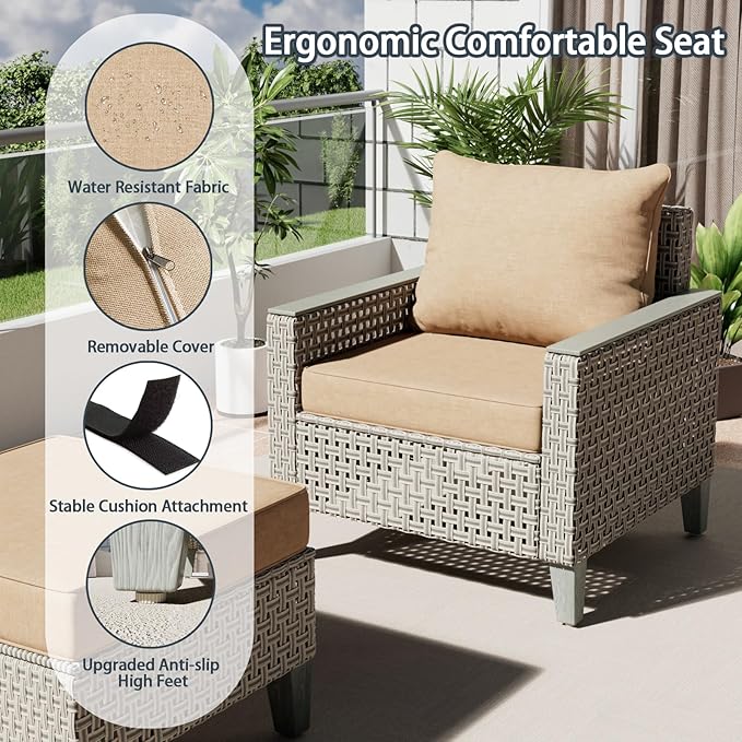 Outdoor Patio Furniture Set 14-Piece Modular Wicker Sectional Sofa with Ottomans and Thick Cushions, Modern Rattan Outdoor Conversation Couch for Garden Backyard, Khaki