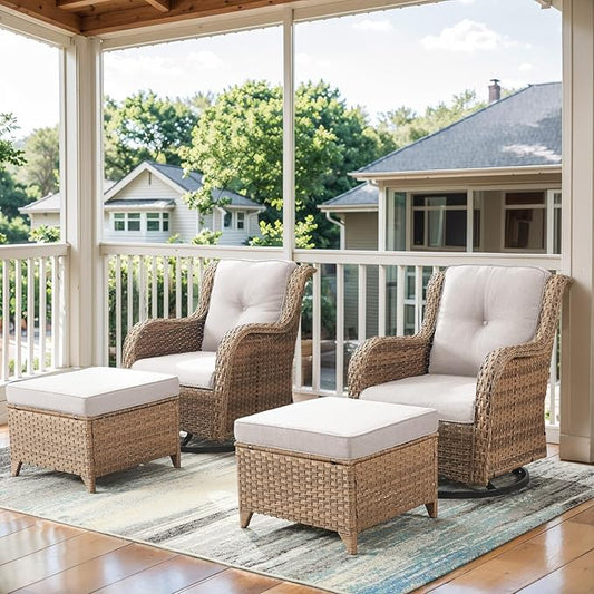 Belord 4 Pieces Patio Furniture Sets, Wicker Patio Swivel Glider Chair with Ottomans, Outdoor Furniture Set for Outside Porch, Deck, Balcony, Garden, Yellow