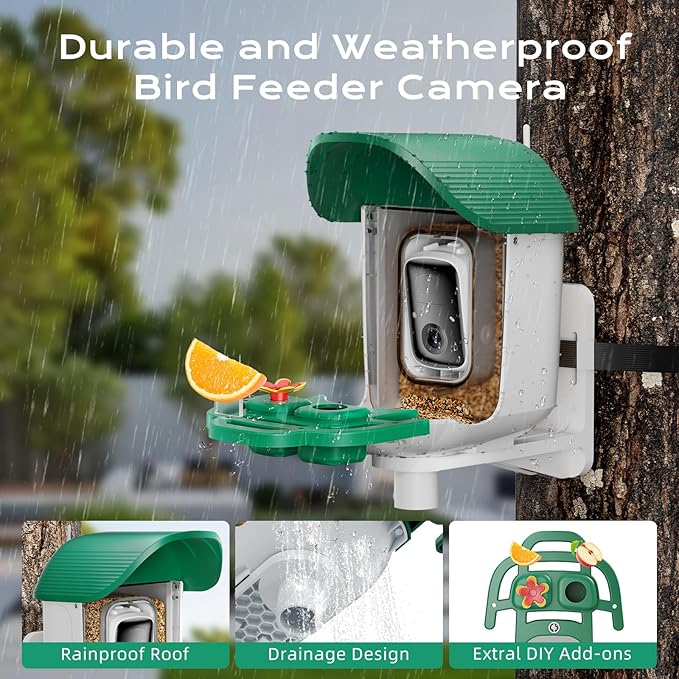 Bird Feeder with Camera, Solar Powered Outdoor Birdhouse, 2K HD AI Smart Identify Birds Species, Instant Motion Detection & Alerts, Capture BirdVideo, Gifts for Mom Dad and Bird-Lovers(Green)