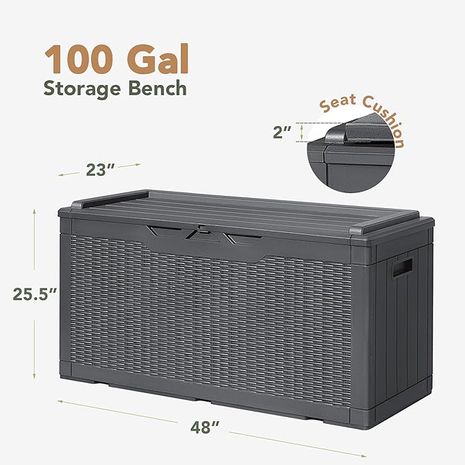 Flamaker Deck Box with Cushion 100 Gallon Waterproof Resin Storage Box with Air Rod Indoor Outdoor Lockable Storage Bench for Patio Furniture, Tools, Pool Accessories (Gray)