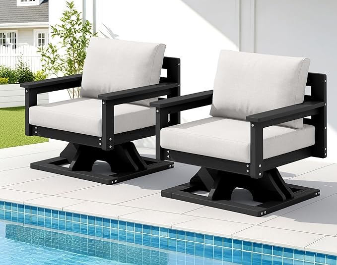 SERWALL Outdoor Swivel Chairs Set of 2, HDPE All-Weather Patio Swivel Sofas with Thick Cushions for Porch, Balcony, Black Frame with Beige Cushions