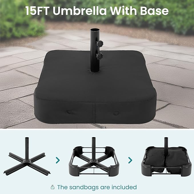 SMUG 15FT Large Patio Umbrella with Base Included, Rectangle Table Umbrella Outdoor Patio, Outside Umbrellas for Deck, Market, Backyard, Wine Red