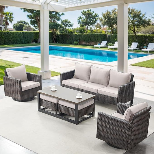 6 Piece Wicker Patio Furniture Set - Outdoor Swivel Rocker Chairs Set with Coffee Table, 3 Seat Sofa & Ottomans, Small Patio Conversation Sets Proch Furniture for Balcony Deck - Brown/Beige