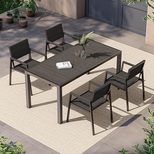 Outdoor Dining Set, Patio Table and Chairs of 4, Aluminum Outdoor Furniture Set with Umbrella Hole, HDPS Patio Dining Table Set for 4 (Charcoal)