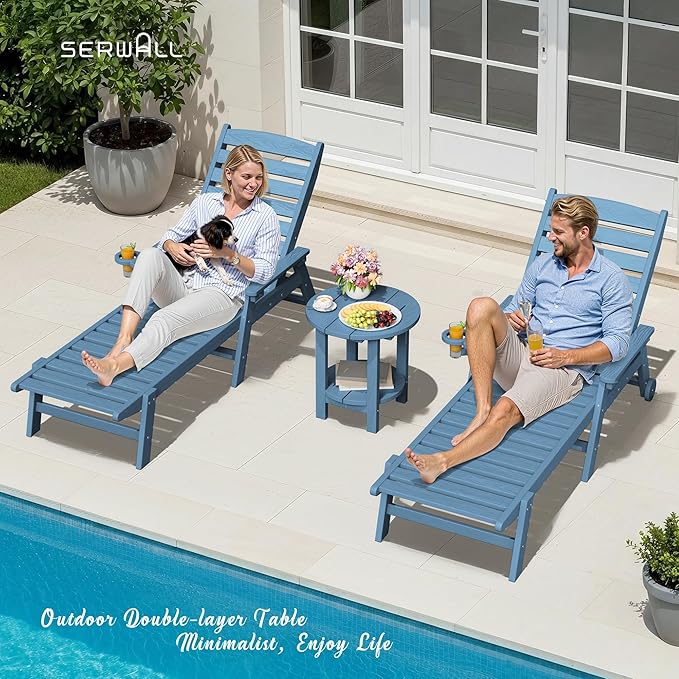 SERWALL Round Outdoor Side Table Set of 2, HDPE Small Adirondack Double End Table, Navy
