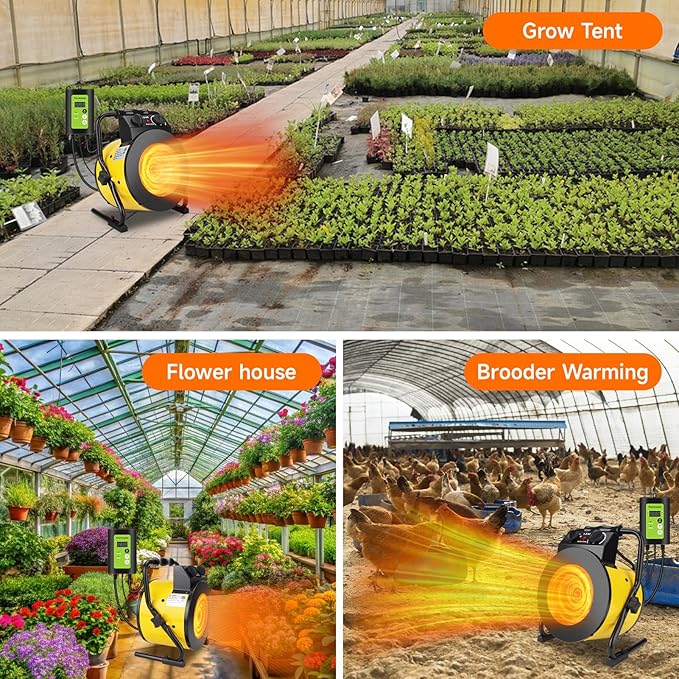 Greenhouse Heater with Thermostat, 1500W Outdoor Heaters for Patio, Fast Heating, Overheat Protection, Electric Space Heaters for Greenhouse, Grow Tent, Patio, Garage, Indoor（Yellow）
