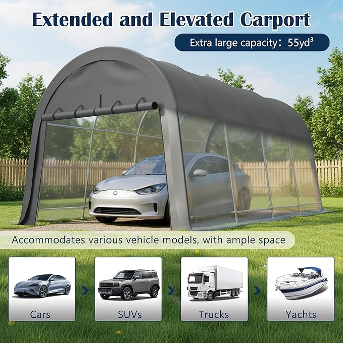 Anti-Snow 10x20 FT Carport,Grade Heavy Duty Portable Garage Canopy with Steel Frame & Vented Roof,Waterproof Outdoor Storage Shed W/Removable Double-Zipper Doors,for Vehicle, Boat,RV,Grey