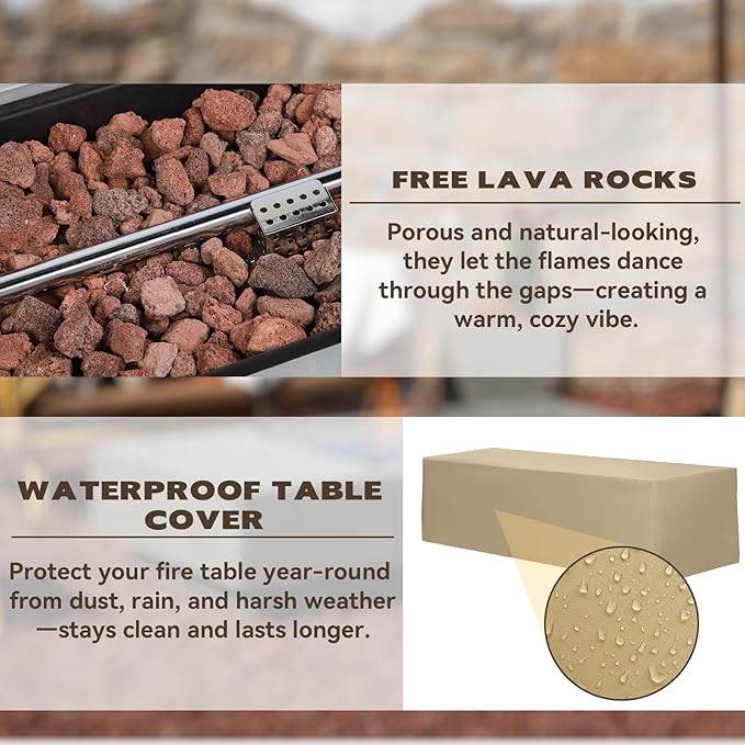 54" Outdoor Propane Fire Pit Table Set, 50,000 BTU Rectangle Concrete Gas Fire Pit Coffee Table W Auto-Ignition, Stainless Steel Burner, Lava Rocks, and Rain Cover for Patio, Backyard, Garden, Porch