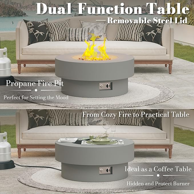 32.5 Inch Propane Fire Pit Table, 50,000 BTU Round Patio Fire Pit Table Outdoor, CSA Certified, Stainless Burner with Steel Lid, Waterproof Cover & Lava Rocks, for Backyard Garden, Gray