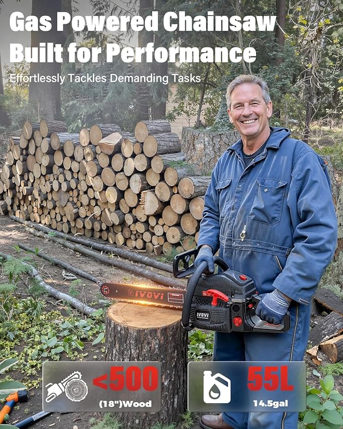 IVOVI 63CC Gas Chainsaw 20 Inch & 18 Inch Bar - 3.7HP 2-Cycle Gas Chain Saw with Easy Start, Anti-Vibration for Forest Logging, Wood, Orchards and Ranches Cutting Use
