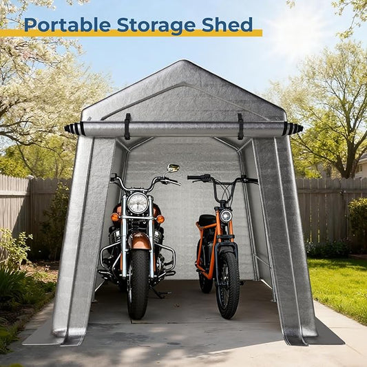 7 x 12 FT Carport, Portable Shed w/220G Heavy Duty Waterproof PE Tarp, Roll-up Zipper Door & Vent, Weather-Resistant Storage Shed for Motorcycle, Bike and Tools, Gray