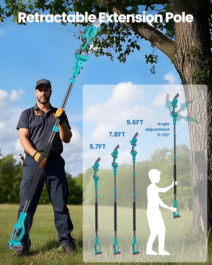8" Electric Pole Saw for Tree Trimming,Brushless Mini Chainsaw Cordless with Extension Pole 2 Batteries, 2-in-1 Hand held & Pole Pruner for Cutting Tree Limbs Branches