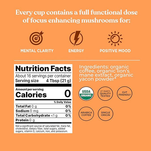 Four Sigmatic Focus Ground Coffee | Organic Ground Coffee with Lion's Mane Mushroom and Yacon for Mental Clarity & Energy Support | 12oz Bag
