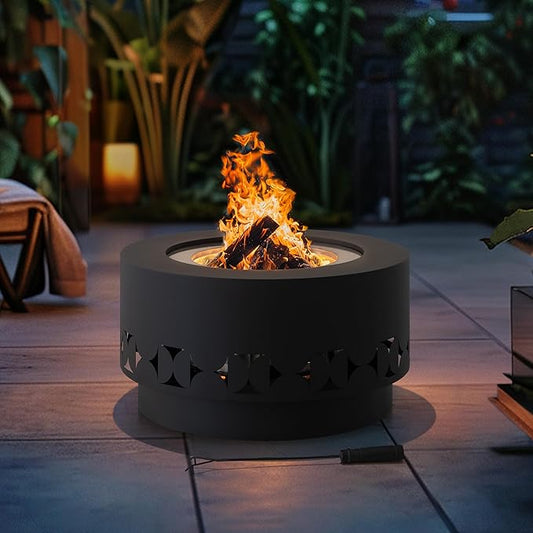 SUNJOY 28 in Round Smokeless Fire Pit with Removable Ash Pan, Outdoor Portable Circular Geometric Wood Burning Fireplace with PVC Cover and Fire Poker,Ideal for Camping, Bonfire, and Backyard, Black