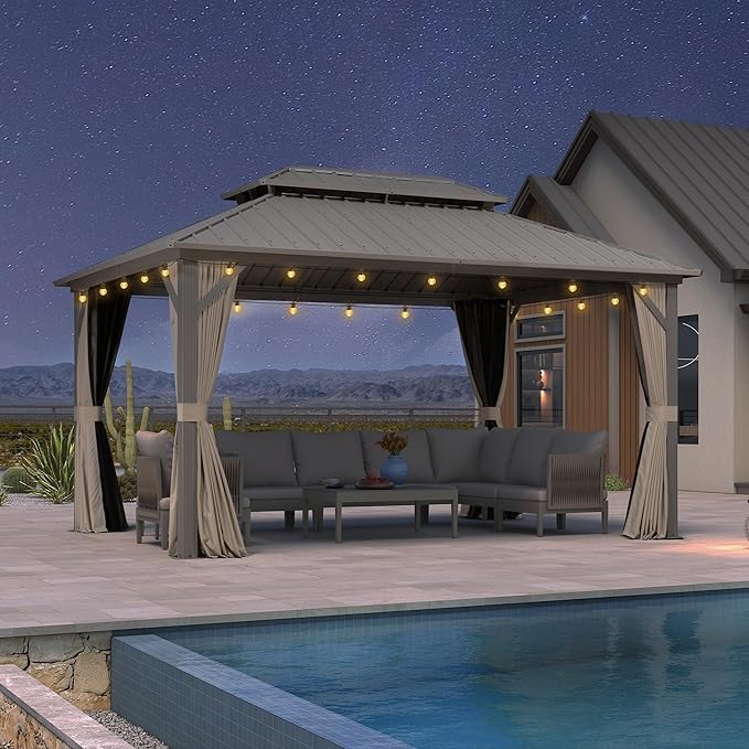 PURPLE LEAF 10' x 14' Outdoor Hardtop Gazebo, Champagne Aluminum Frame with Galvanized Steel Double Roof, Curtains and Netting for Patio Lawn and Garden