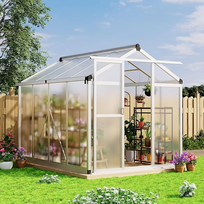 6x8 FT Greenhouse - Large Aluminum Greenhouses for Outdoors, Heavy Duty Polycarbonate Greenhouse with Roof Vent&Ground Nails, Walk-in Green Houses for Garden, Backyard, Patio, Easy Assembly