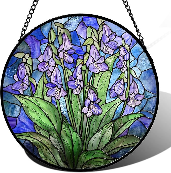 AMDERVEN Stained Glass Suncatcher, Blue Purple Flowers Green Leaves Sun Catcher Plants Stain Glass Window Hanging Decoration Mother's Day Birthday Gifts for Women Men Mom and Nana 6.3 in