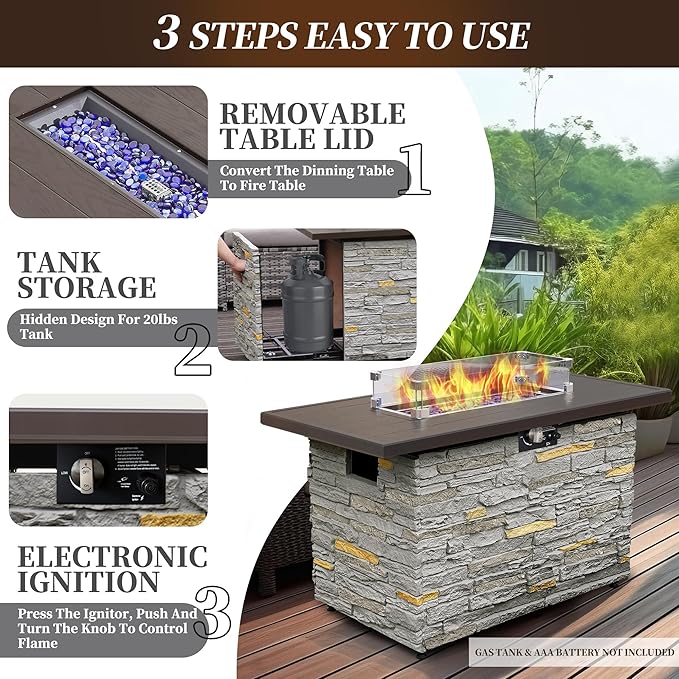 PIZZELLO 43 Inch Propane Fire Pit Table Outdoor Stone Firepit Table Rectangular 50000 BTU Propane Fire Tables for Outside Patio with Wind Guard, Table Lid, Fire Beads, Cover,Pizzello Caldo (Gray)