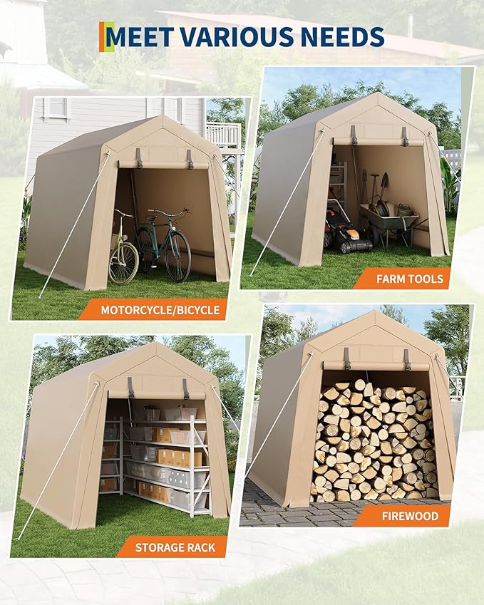 7 x 10 Ft Carport Portable Storage Shed Outdoor Tarp Sheds with Roll-Up Door, Bike Shed Storage Tent for Motorcycle, Garden Tools Khaki