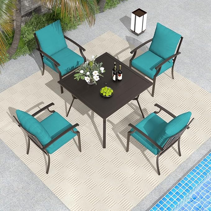 5-Piece Outdoor Patio Dining Set，4pcs Mental Chairs and 38’’ Round Dining Table with Umbrella Hole for Patio, Deck, Yard，Garden, Blue