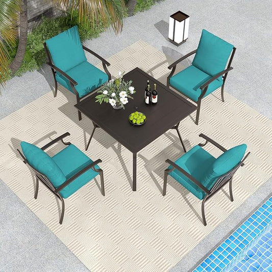 5-Piece Outdoor Patio Dining Set，4pcs Mental Chairs and 38’’ Round Dining Table with Umbrella Hole for Patio, Deck, Yard，Garden, Blue