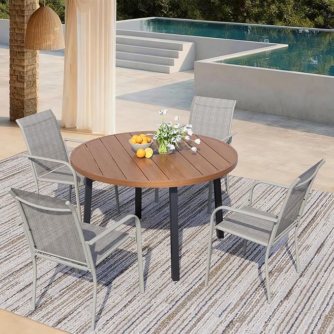 5 Pieces Patio Dining Set for 4, Grey Patio Stackable Chairs and Walnut Round Table Set of 4, Outdoor Furniture Set with Sling Support for Outside, Garden