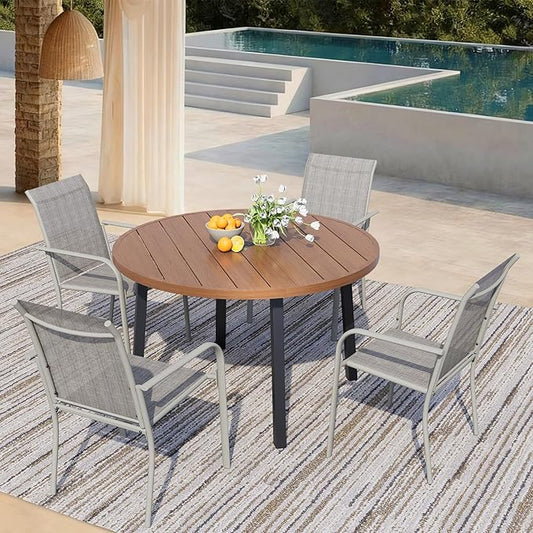 5 Pieces Patio Dining Set for 4, Grey Patio Stackable Chairs and Walnut Round Table Set of 4, Outdoor Furniture Set with Sling Support for Outside, Garden