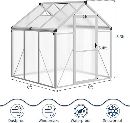 6 x 6 ft Greenhouse, Greenhouses for Outside, Polycarbonate Greenhouse with Aluminum Frame, Lockable Door and Ajustable Roof Vent for Backyard, Green Houses for Outside Garden Backyard, Patio
