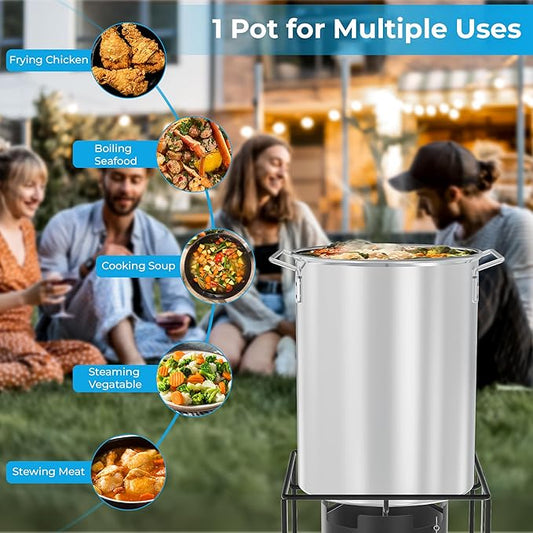 30 Qt Aluminium Stock Pot Kit – Turkey Fryer Pot With Lid, Lifting Hook, Stand & Thermometer – Large Deep Fryer For Frying, Seafood Boiling & Outdoor Cooking