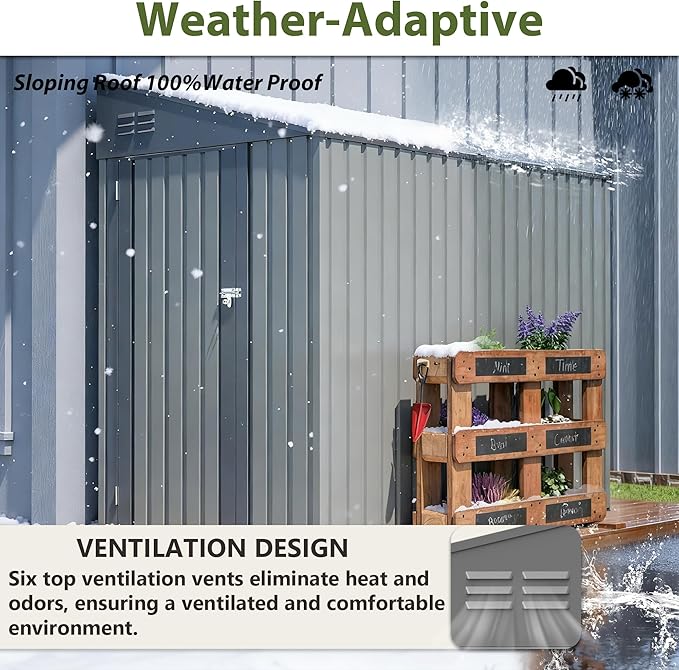 4x7 FT Metal Outdoor Storage Shed, Lean-To Garden Tool and Bike Shed with Lockable Door and Air Vents, Waterproof Sloped Roof Steel Utility Shed for Backyard, Patio,Lawn Equipment, Olive Gray
