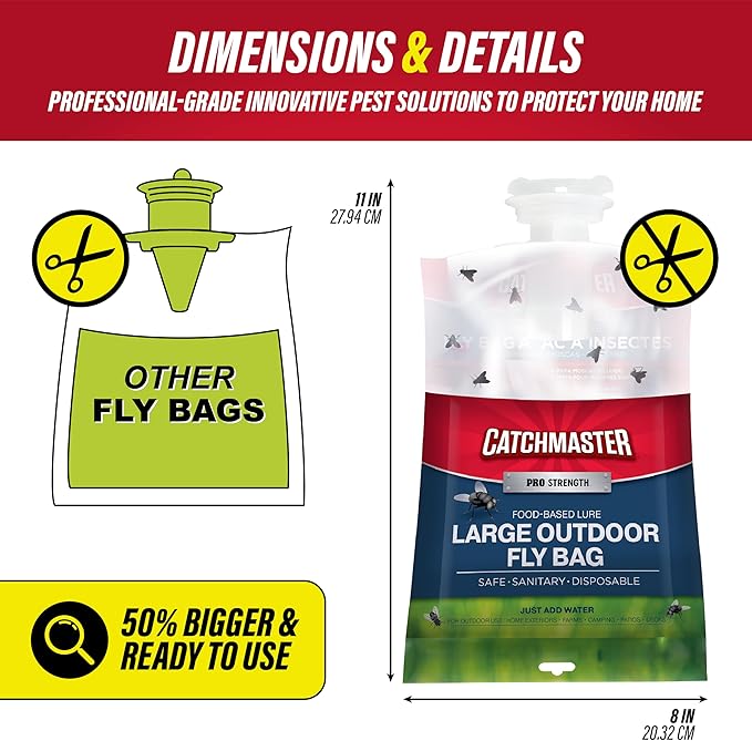 Catchmaster Pro Series Disposable Fly Bag 4-Pack, Hanging Fly Trap Outdoor Home, Bug Catcher and Flying Insect Trap with Premium Food Lure, Pest Control XL Bag for Backyard, Pool, Patio & Camping