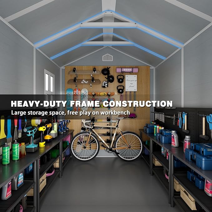 8x6 FT Resin Outdoor Storage Shed with Floor, Weather-Resistant Plastic Garden Shed with Windows, Lockable Door and Vents, Outside Tool Storage Sheds for Backyard, Garden, Lawn, Grey