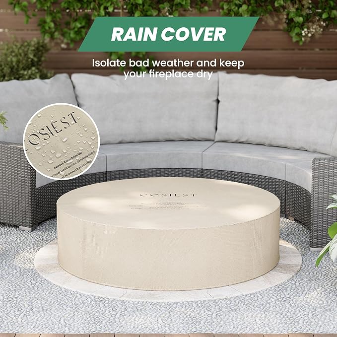 COSIEST 2-Piece Outdoor Propane Firepit Table Set w Tank Table, 42 inch Dark Fire Table Certified, 50,000 BTU w Beige Round Base,Wind Guard and 16 inches Tank Side Table 20lb for Garden,Pool