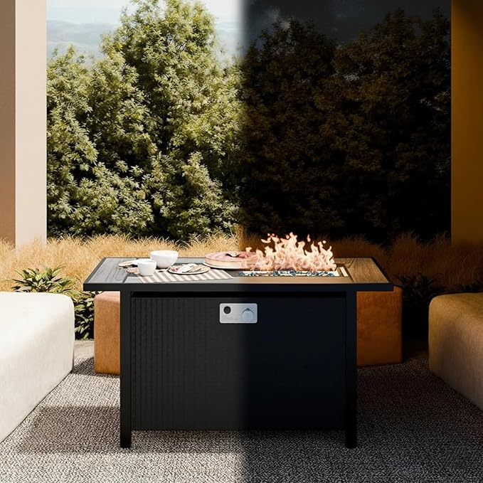 JAMFLY Propane Fire Pit Table 45 Inch, 50,000 BTU Outdoor Gas Firepit Table for Outside Patio, Blue Glass Rocks,Waterproof Cover, Gray