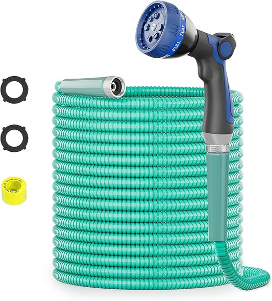 SPECILITE 100ft 304 Stainless Steel Garden Hose Metal, Heavy Duty Water Pipe with Nozzles for Yard, Outdoor - Flexible, Never Kink & Tangle, Puncture Resistant (Aqua)