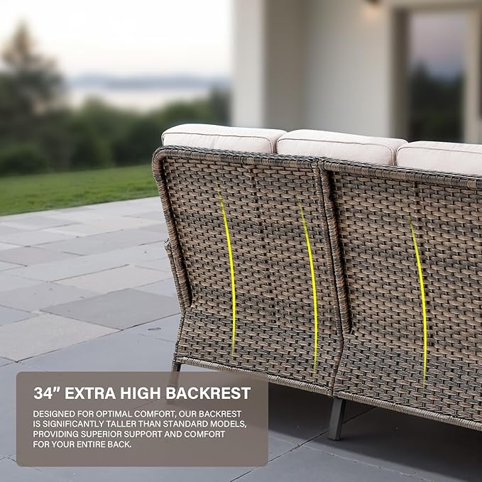 Belord 8 Pieces Patio Conversation Set with 43” Propane Fire Pit Table, Outdoor Sectional Furniture Sofa Set with Removable Cushions for Patio Deck Backyard Brown