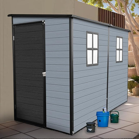 4x8FT Resin Outdoor Storage Shed with Floor and 2 Windows,Waterproof Plastic Sheds with Lockable Doors,Outside Garden Tools Sheds for Backyard Patio,Gay+Black